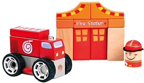 Bino 84094 Voiture de Pompier empilable avec Jouet caserne de Pompiers en Bois, Multicolore, pour Les Enfants à partir de 12 Mois, Dimensions : 24 x 4,7 x 27 cm
