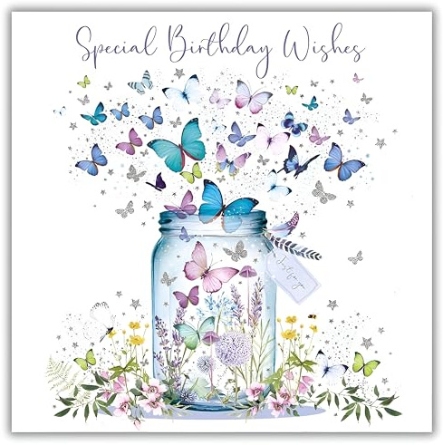 Nigel Quiney Artistic Open Female 'Happy Birthday' Greeting Card - Butterfly Jar Illustration - With A Silver Foil Finish - From The Pizazz Range - For Her