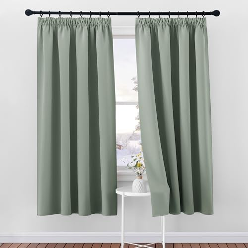 PONY DANCE Blackout Pencil Pleat Curtains, Sage Green, W46 x L72, 2 Panels | Thermal Insulated Curtains with Noise Reducing & Privacy, Luxury Soft Window Treatment for Bedroom & Living Room