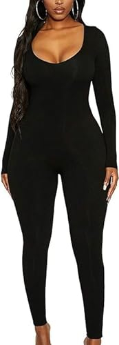 Rongseng jumpsuit dam långärmad rund hals sport jumpsuit lång tajt stretch onepiece bodycon yoga bodysuit overall sömlös one piece workout lekdräkter sportdräkt träningsoverall klubb outfit, svart, L