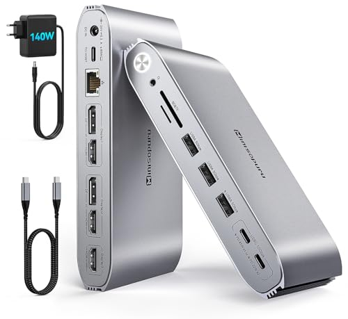 Minisopuru DisplayLink Docking Station Triplo Monitor con Adattatore di Alimentazione da 140 W, per MacBook/M1/M2/M3/M4, Windows, Thunderbolt 4/3 (3XHDMI,2XDisplayPort,2XData USB C, 3X USB A)