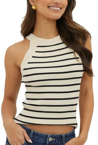 EMOTTOS Camiseta Sin Mangas para Mujer, Camisetas Rayas Camisetade Cuello Halter Verano, Cuello Redondo Tank Top sin Mangas Elegante Sexy Ajustada Casual para Mujeres, Negro/Azul/Negro y Blanco S-L
