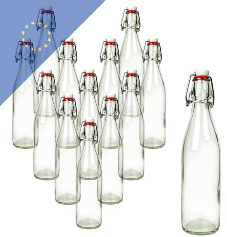 Verpackungsstadl Lot de 12 bouteilles en verre de 500 ml avec bouchon à étrier - Parfaites pour les huiles, les jus, le vinaigre, les moûts respectueux de l'environnement et réutilisables