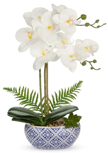 Hollyone Artificial Orchid in Blue and White Porcelain, 41CM Fake Orchid Plant for Centerpiece, White Artificial Flowers with Ceramic Pot for Home Decor, Living Room, Table, Kitchen Decorations