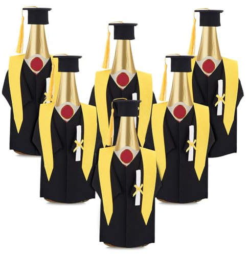 AHANDMAKER 6 Sets Graduation Wine Coat Bottle Covers Sets, Wine bottle Coat Black Bachelor Cap & Gown Graduation Bottle Covers Wine Bottle Decoration for Champagne Graduation Party, Black