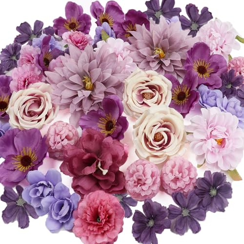 Nagobi 56 PCS Fake Flowers Heads Artificial Purple Silk Flower Heads Bulk Faux Mini Flowers for Cake Blossom Wreath Wedding Bridal Party DIY Home Decoration