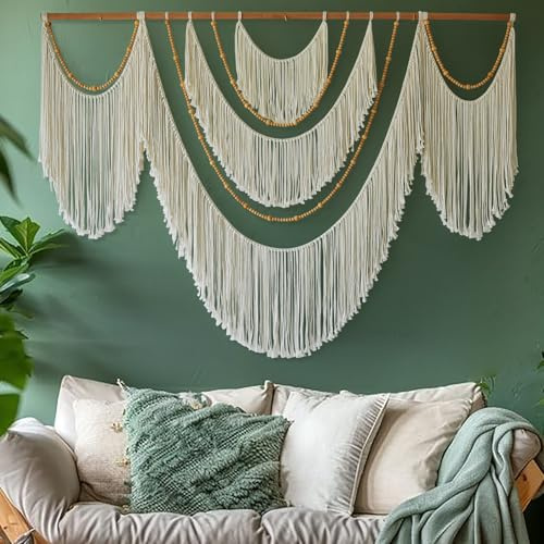 Flber Large Macrame Wall Hanging – Boho Yarn Art Garland with Tassels and Beads, Handmade Rope Decor for Nursery, Party, Wedding, Bedroom, Fireplace Mantel, or Photo Backdrop 57 W x 41 L