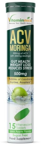 Vitaminnica ACV Moringa 15 Effervescent Tablets 500mg Apple Cider Vinegar with No Added Sugar for Gut Health | Weight Loss | Reduces Stress | Green Apple Flavour (1)