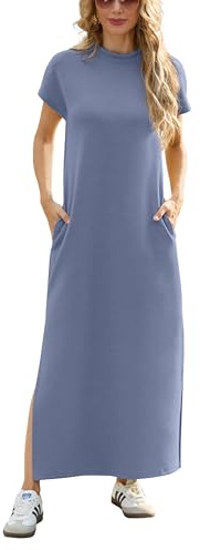 GRECERELLE Womens Maxi Dress Wrinkle Free Summer Mock Neck Short Sleeve 2025 Casual Elegant Loose Split Long Dresses with Pockets (Denim Blue, L)