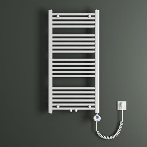 Mai & Mai Badheizkörper Handtuchheizkörper Badheizung Heizkörper bad 50x100 cm Weiß, Handtuchwärmer für Strom, Seitenanschluss, Röhrenheizkörper mit Heizstab 600W