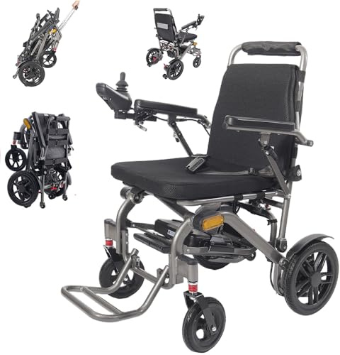 Silla de ruedas eléctrica compacta, ligera y plegable para adultos, con solo 19,8 kg, todoterreno, autonomía de 28 km, soporta 150 kg y está homologada por aerolíneas.