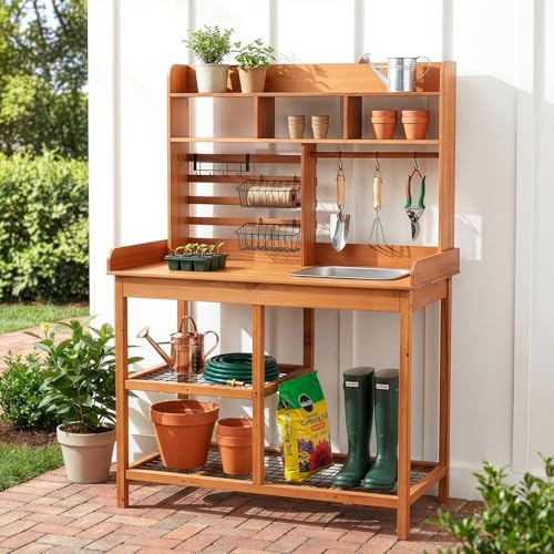 OOOK Potting Bench, Nordic Scots Pine Potting Table with Storage Rack, Removable Sink, Workstation for Outside Patio Lawn, Wooden Garden Work Station