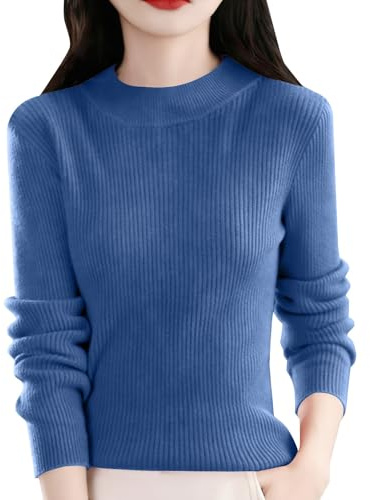 Ribbad stickad tröja för kvinnor långärmad smal passform basic lager pullover topp | Höghalsade tröjor för damer, anpassade ut-toppar, skiktade stickade kläder för daglig användning