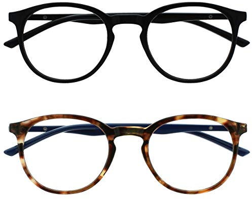 OPULIZE MET Reading Glasses for Women Men, Slim Round Frame with Spring Hinges and Scratch Resistant, Black,Brown +1.5 (Pack of 2)