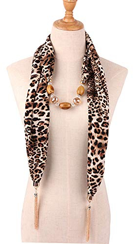 MoreChioce Halstuch mit Schmuck,Damen Anhänger Schal Fransenschal Halskette Schal mit Gold Quaste Anhänger Halsschmuck Rundschal Loopschal,Klein Kaffee Leopard