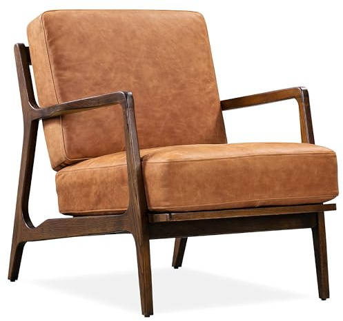 Poly & BARK Verity Leather Accent Chair – Armchair with Walnut Wood Frame – Fashion-Forward Lounge Seating for Living Room – Upholstered in Cognac Tan Leather for Modern Style