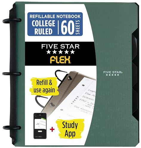 Five Star Flex Refillable Notebook + Study App, College Ruled Paper and 1 Inch TechLock Ring Binder with Pockets, Tabs and Dividers, 200 Sheet Capacity, Seaglass Green (293280AQ8)