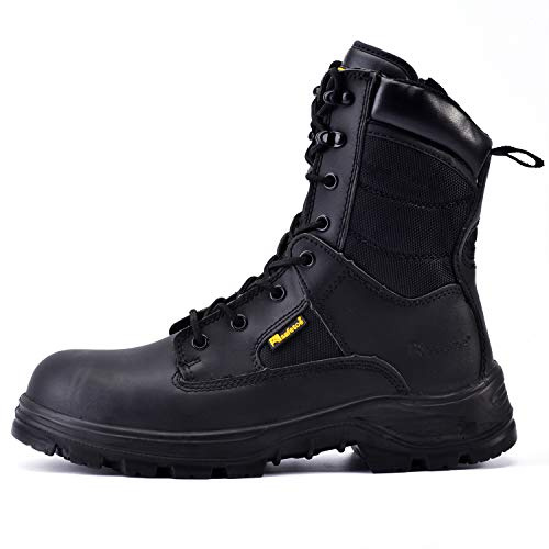 SAFEYEAR S3 Military Mens Work Boots,Black Heavy Duty Combat Army Safety Boots, 4E Wide Fit Steel Toe Cap, Waterproof Genuine Leather, Lace Up Site Tactical Police Security,High Ankle Zip Side