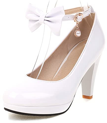 Lizoleor Mary Janes Femme Plateforme Bout Fermé Bride Cheville Mariage De Mariée Fête Robe Elegantes Noeud Blanc Taille 47 EU/49CN