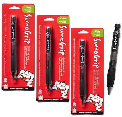 SAKURA SumoGrip Pencil with Comfort Grip - 0.7 mm Ergonomic Mechanical Pencil - Clear Gray - 3 Pack
