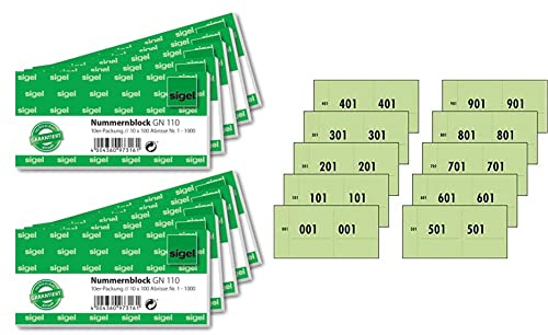 Sigel GN110 Nummernblock, 1000 Bons (nummeriert 1-1000, 10,5x5 cm, Farbauswahl nicht möglich) & 76153 Nummernblock grün, 1000 Bons (Nr. 1-1000, 10,5 x 5,3cm)