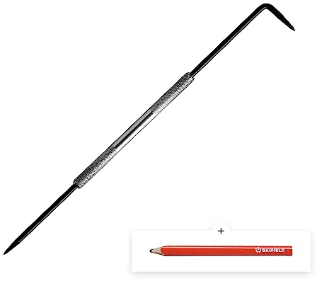 BAUHELD Anreissnadel Metall 175mm [Inklusive Tischler-Bleistift] - Reißnadel mit gerader und gebogener Nadel - Anreißwerkzeug aus Stahl - Griffstück verchromt und Rändelung - Passende Schutzkappe