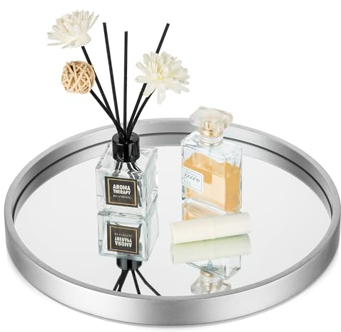 Hanobe Spiegeltablett Badezimmer Tablett Holz: Dekotablett Rund Deko Modern Splitter Holztablett Spiegel Klein Parfume Organizer Schmucktablett Dekoteller für Schminktisch 30cm