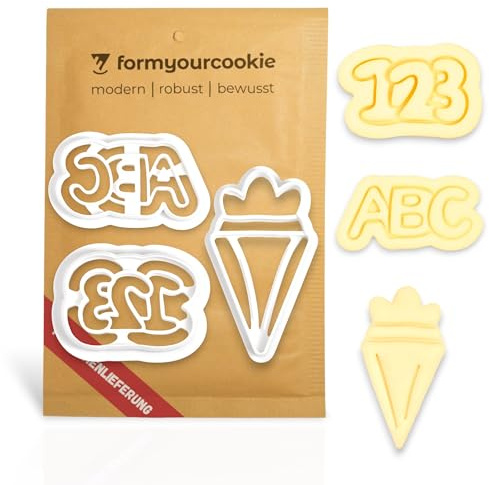 Ausstecher Set 3-teilig: 123 ABC Schultüte Zuckertüte Buchstaben Zahlen Mathe Deutsch Schulanfang Schulstart Ausstechform Schulanfänger Geschenk Lehrer Keksstempel Keksform FORMYOURCOOKIE