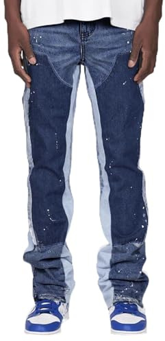 MASUCOR Jeans Y2k Micro Flare da Uomo Pantaloni Denim Patchwork con Schizzi D'inchiostro Alla Moda Casual Autunnali con Tasche Hip-hop Streetwear a Gamba Dritta (Blue, L)