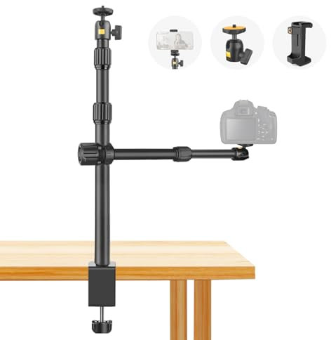 JEBUTU OS03 Trípode de Mesa para Cámara de Teléfono Móvil, 37.5-83cm Trípode de Mesa Ajustable con Brazo Boom y 2 Piezas 1/4 Cabeza de Bola para Cámara Webcam Proyector, MAX. Carga 3kg