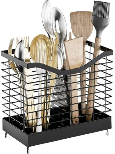 Küchenutensilienhalter, Besteckhalter aus Metall, Großer Edelstahl Utensilientopf mit Ablaufboden, 2 Fächer Utensilienhalter Küche - Perfekte Organisation für Ihre Küche, Küchen Aufbewahrung Schwarz