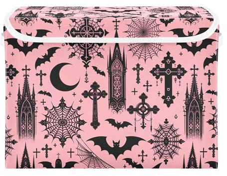 ALAZA Storage Boxes with Lids, Collapsible Fabric Storage Cubes with Handle Black Gothic Moon Spider Webs and Bats Closet Organizers Basket Shelves Bins Cabinet for Home Bedroom Office
