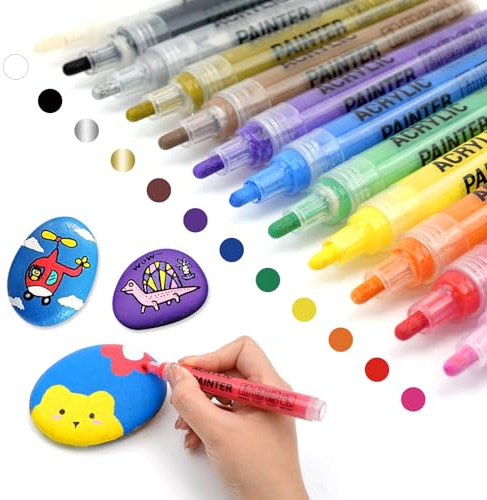 Alitastro Medium Tip Paint Pens 12 Colors Acrylic Paint Markers | 3mm Waterproof, Quick Dry, Fade Resident Marker Pens for Rock Painting Glass Stone Ceramic Metal Fabric Pebble, Craft Supply
