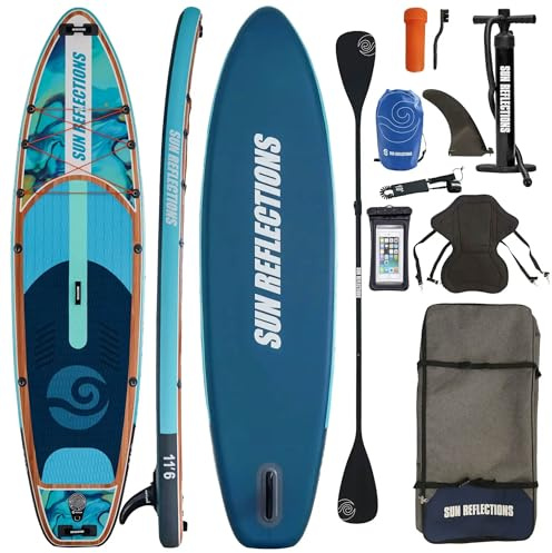 CampSup Sun Reflections XXL 11'6 Combo Tavola da SUP gonfiabile, set per Stand Up Paddling con sedile da kayak, pagaia 2-in-1, 350 x 89 x 15 cm, fino a 185 kg