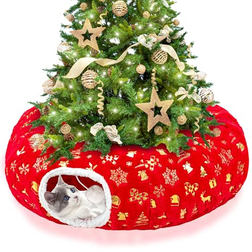 LECHONG 3-in-1 Christmas Cat Tunnel Bed & Tree Skirt, Warm & Cozy Double-Sided Fleece Hideout w/Detachable Mat, Deter Cats Damage Xmas Tree Decor, Festive Coziness