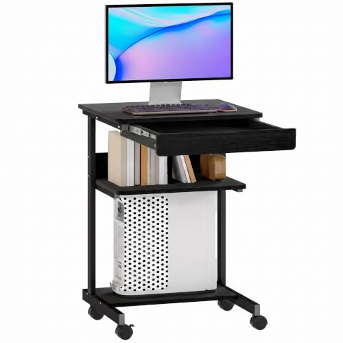 HOMCOM Scrivania Tavolo per Computer, Scrivania da Ufficio con Cassetto e 4 Rotelle, 56x51 cm Tavolo per PC con 2 Ripiani Aperti, Postazione di Lavoro con Supporto CPU per Studio, Nero