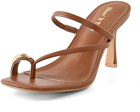 Shoe'N Tale Women's Thong Strappy Stiletto Heels - Open Square Toe Slip On Mule Dress Sandals for Weddings, Office & Summer (7,Brown)