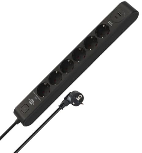 Brennenstuhl Steckdosenleiste 6-Fach mit USB und Überspannungsschutz (Mehrfachsteckdose mit 1x USB C PD 20W zum Schnellladen und 1x USB A 20W, Schalter, 2m Kabel) schwarz