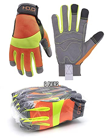 HANDLANDY Bulk 6 Pairs Anti Vibration Gloves Hi-vis Reflective Safety Work Gloves, Touch Screen, Flexible Spandex Back Anti Vibrant Gloves (XXL, Orange)
