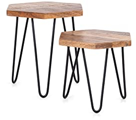 byLIVING Zweisatztisch ELEA / 2 Stück Beistelltisch/Massivholz Mangoholz Natur/Füße Metall schwarz/B 45, H 55/45, T 40 cm
