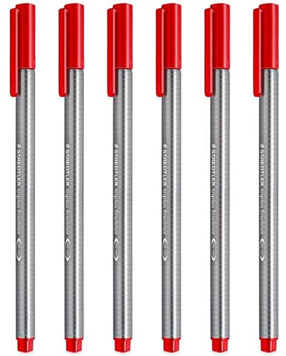 STAEDTLER Triplus Fineliner mit superfeiner, metallgefasster Spitze, 0,3 mm, Rot, 6er Set