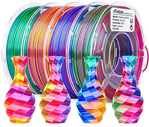 AMOLEN Silk PLA 3D Drucker Filament Bundle, PLA Filament 1.75mm, Dreifarbiges Silk Filament Rot Gelb Blau, Rot Gold Lila, Rot Grün Blau, Blau Grün Orange, 3D Druck Filament Bundle 200gX 4 Spulen
