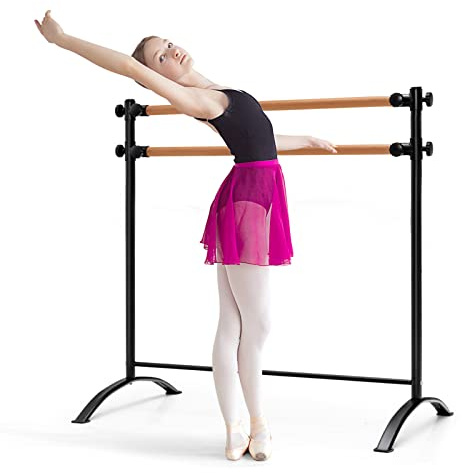GOPLUS Barras de Ballet Portátil de 122 CM, Barra de Baile Independiente con Alturas Ajustables de 4 Posiciones, 2 Barras de Madera Maciza, Marco de Metal Resistente, Doble Barra de Ballet