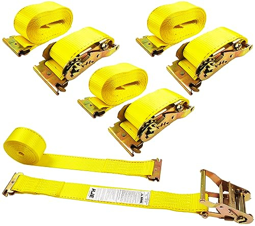 KJE E-Track Ratchet Straps, 4 Pack 2 x20' Heavy Duty Cargo Tie-Downs, 4500LBS Breaking Strength, Standard E Track Fitting Tie Down Ratcheting Strap for Cargo Vans, Trucks, Trailers