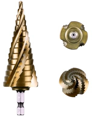 SALI HSS Step Drill Bit 4-32 mm Four Spiral Flute Titanium Step Drill 1/4 Hex Shank Quick Change Design High Speed Steel Step Drill Bit for Metal, Stainless Steel, Aluminum, Wood, Plastic