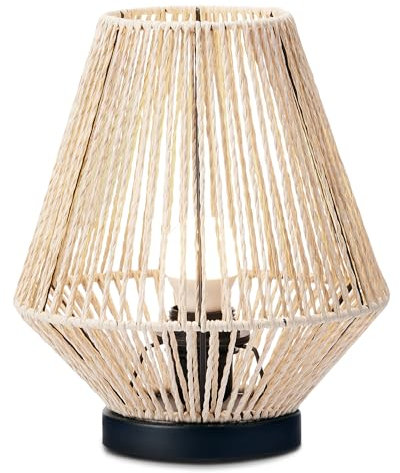 TIENDA EURASIA – Lámpara Sobre Mesa, Mimbre Natural y Metal Negro, Estilo Nórdico, con Portalámparas, E27 LED, para Dormitorio Mesita de Noche o Salón (Piramidal)