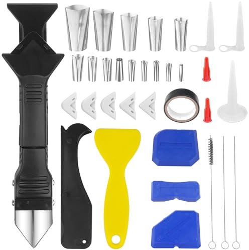 Ghazpmuk Ensemble D'outils de Grattoir de Nettoyage (34 Pièces), Outils de l'enlève Joint 5 en 1 Acier Inoxydable Grattoir, Grattoir à Joints, Silicone Grattoir à Coulis, Kit de Lisseur de Joints