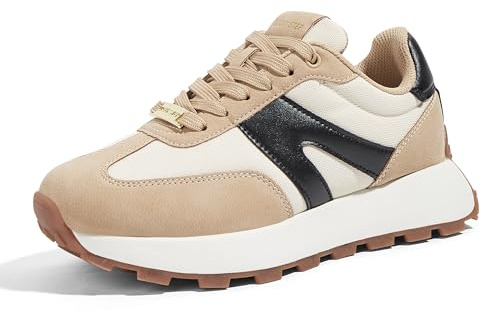 LUCKY STEP Zapatillas de Plataforma para Mujer – Clásicas y Retro, Zapatos de Moda con Cordones para Correr, Tenis y Uso Diario (Beige/Negro, 6US-36EU-3UK)