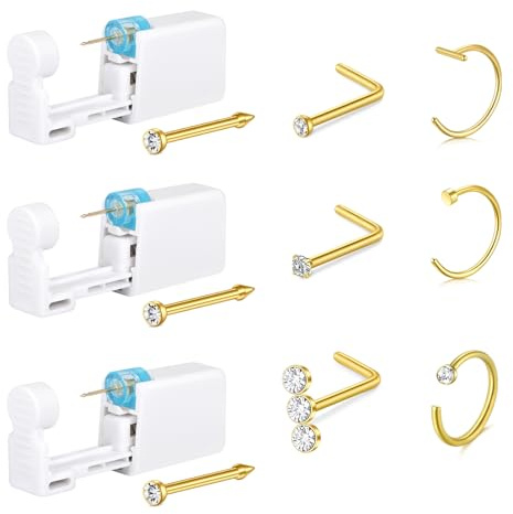 AceFun 9 piezas nariz piercing pistola Set, Oro con 20G anillos desechables, pistola incorporada para piercing nasal en casa