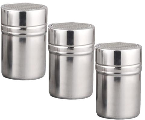 3PCS Flour Shaker,Chocolate Shaker for Coffee,Cocoa Coffee Sugar Cinnamon Powder Sifter, Stainless Container Spice Rotating Sprinkles Baking Seasoning Jars Cans Set
